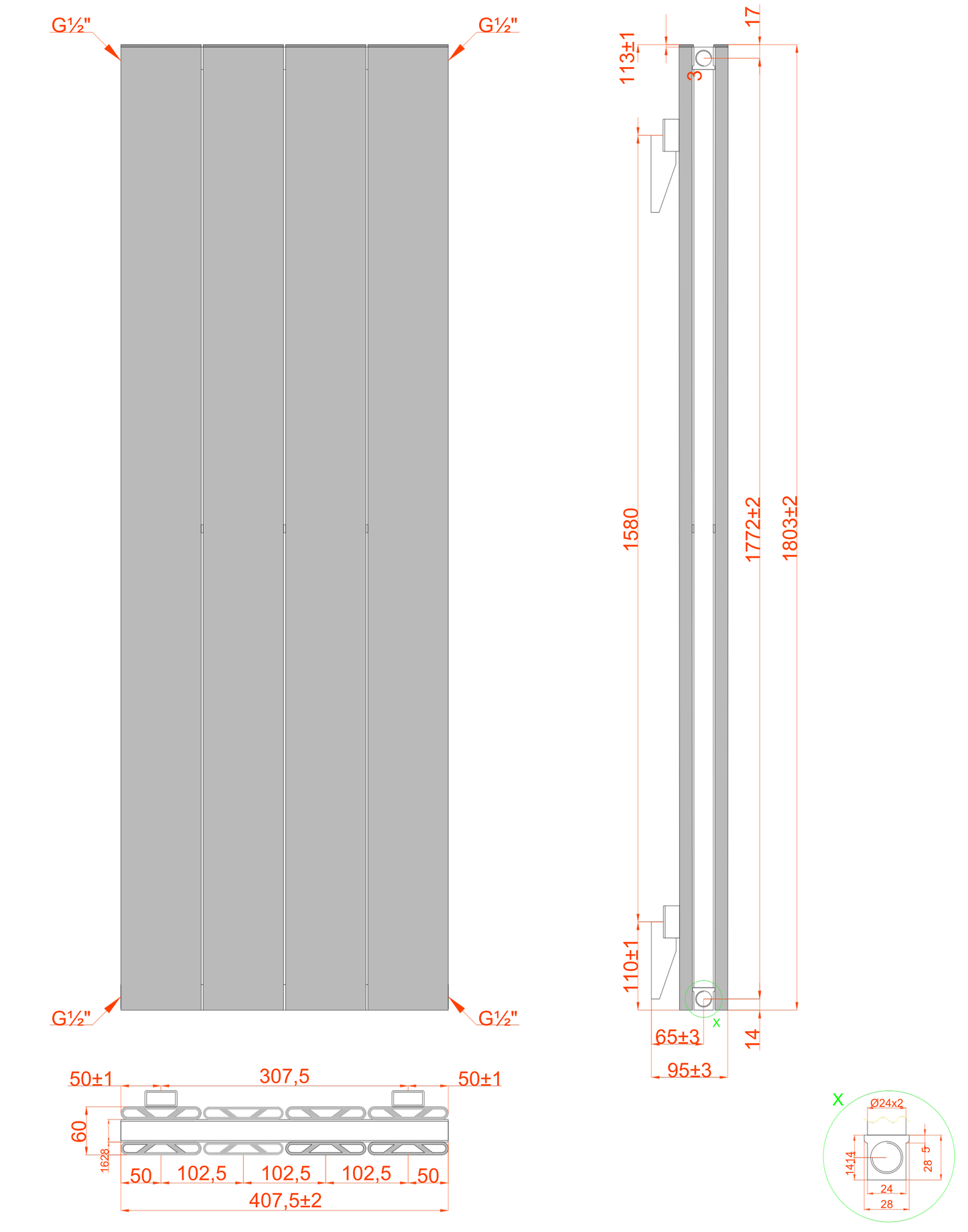  Vertical Aluminium Radiator 1800 x 407mm – Anthracite Grey Double Panel – Model Lena