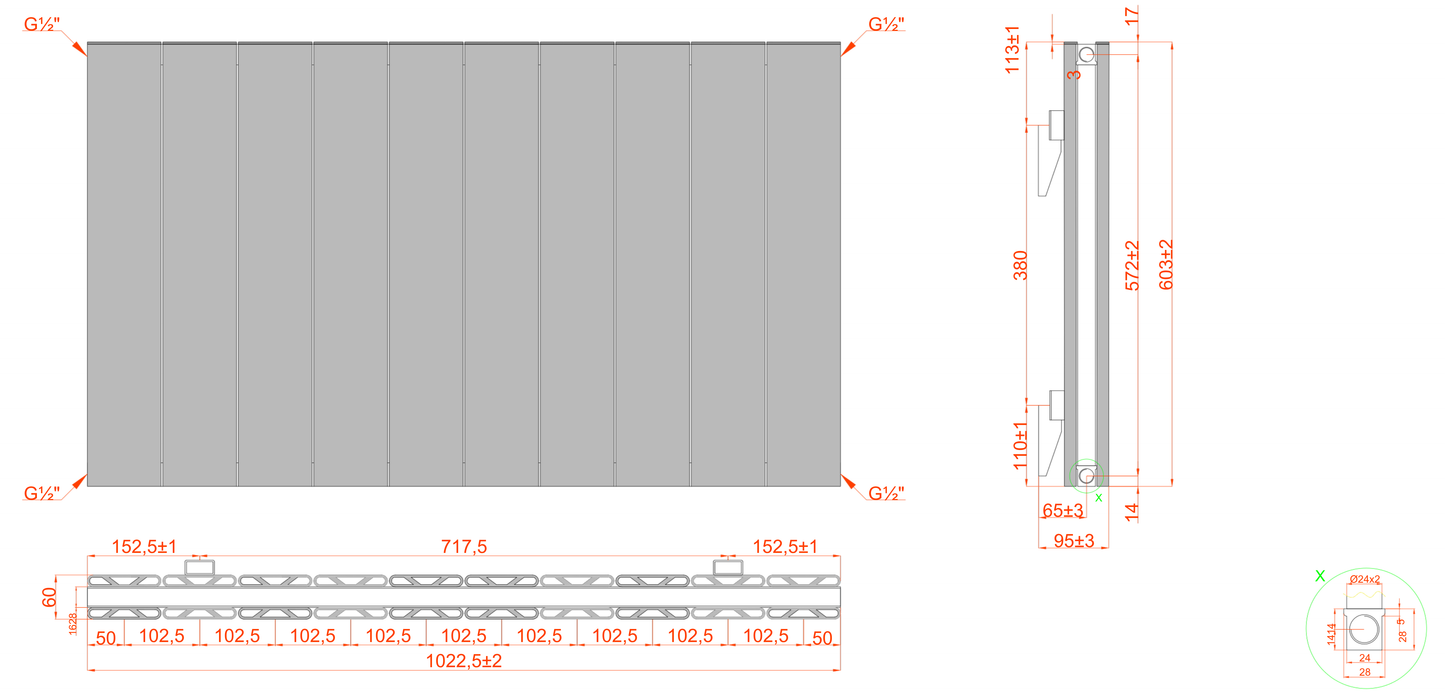  Horizontal Aluminium Radiator 600 x 1022mm – White Double Panel – Model Lena