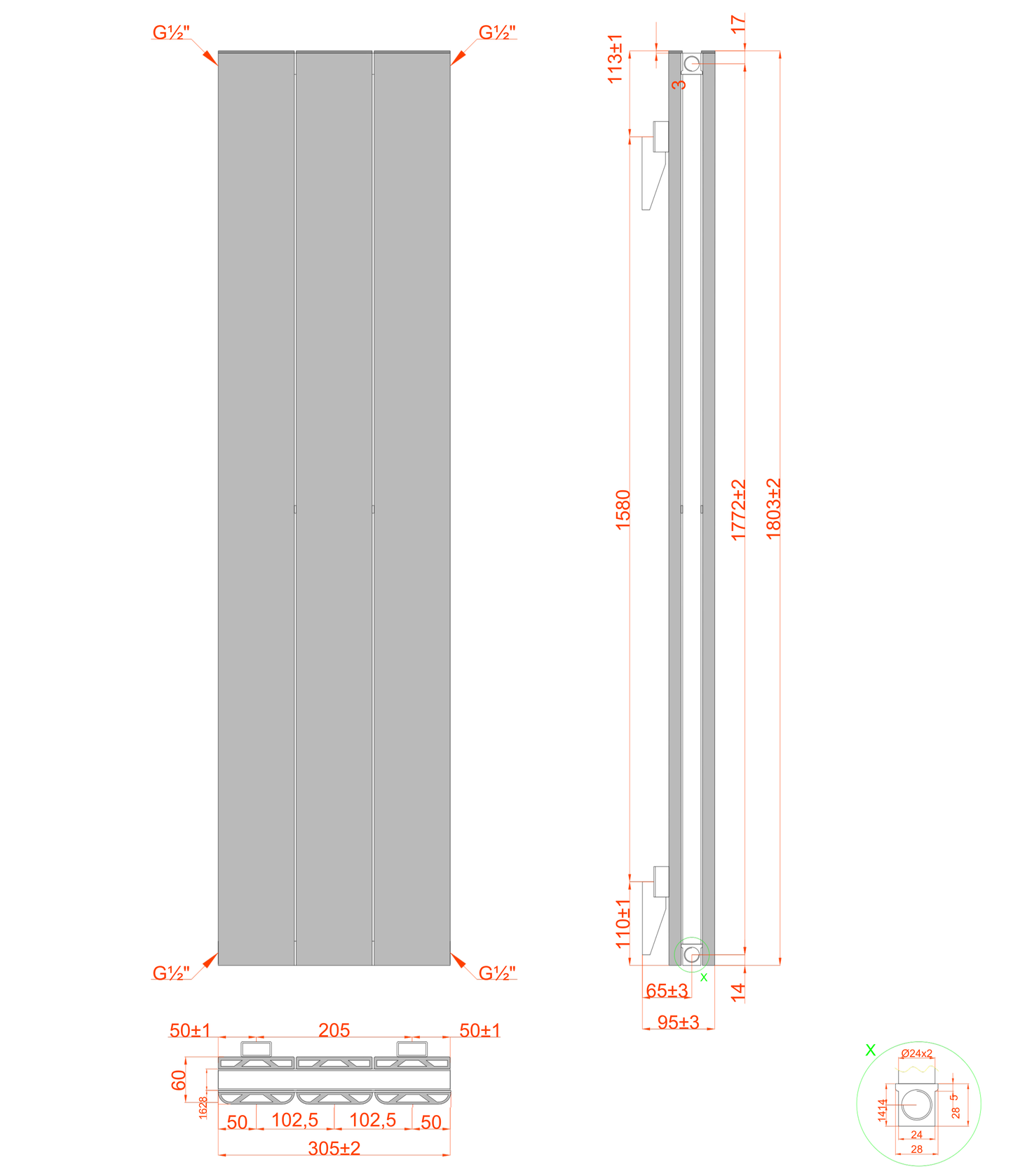  Vertical Aluminium Radiator 1800 x 305mm – Anthracite Grey Double Panel – Model Mira