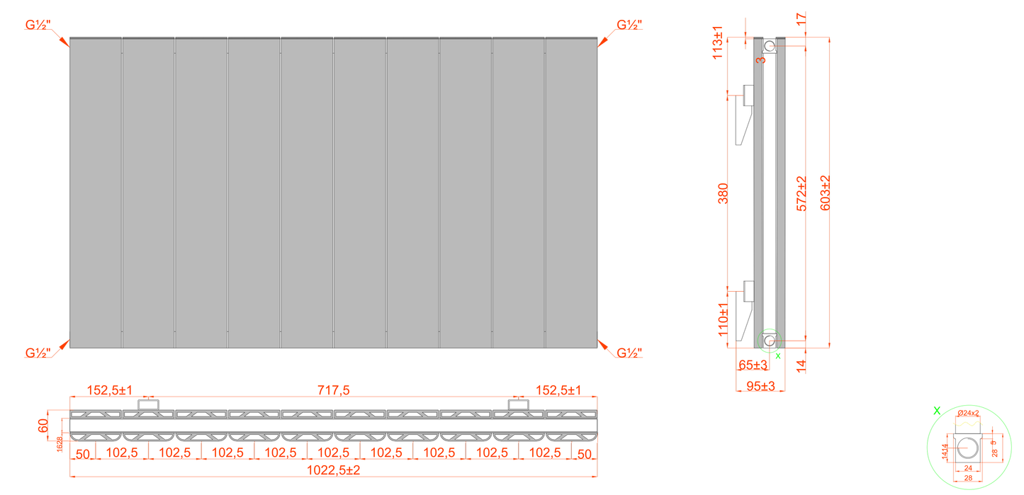  Horizontal Aluminium Radiator 600 x 1022mm – White Double Panel – Model Mira