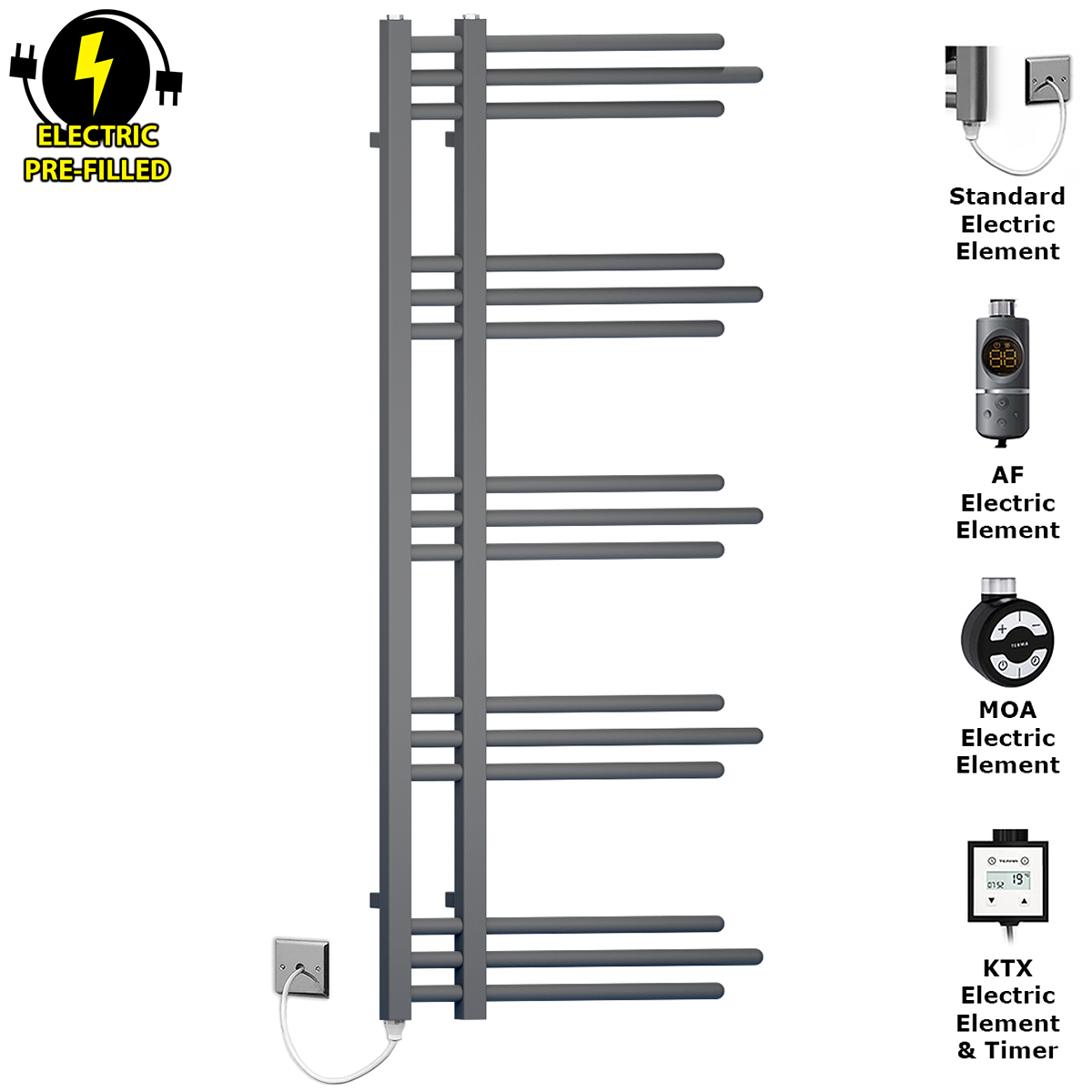  500mm Wide – 1200mm High Sydney Anthracite Electric Grey Heated Towel Rail Radiator
