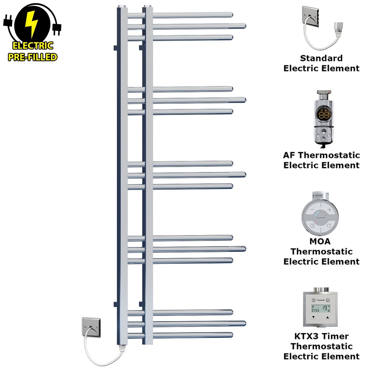  500mm Wide – 1200mm High Sydney Chrome Electric Designer Heated Towel Rail Radiator