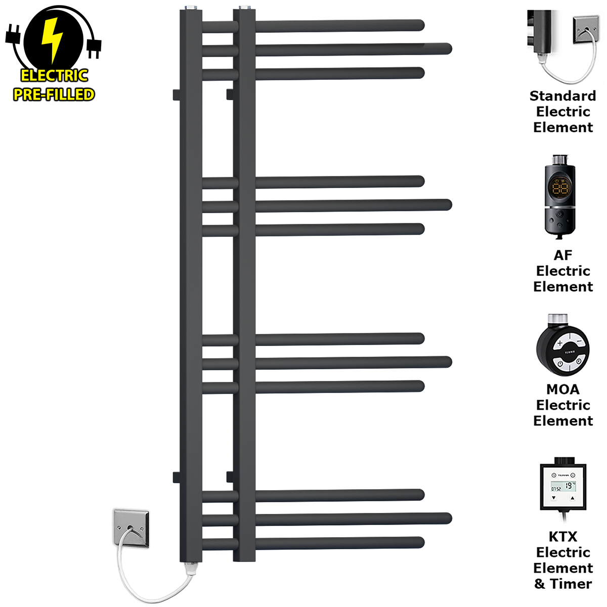  500mm Wide – 900mm High Sydney Electric Black Designer Heated Towel Rail Radiator