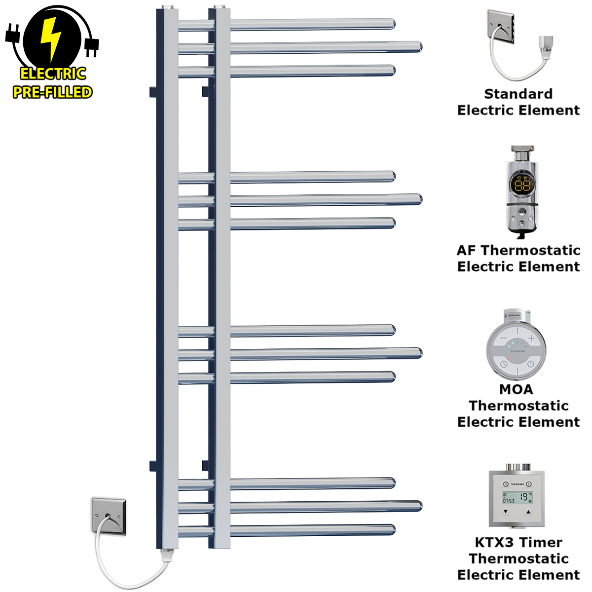  500mm Wide – 900mm High Sydney Chrome Electric Designer Heated Towel Rail Radiator