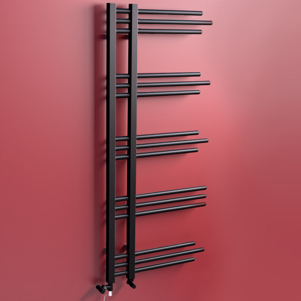 Dual Fuel 500 x 1200mm Straight Matt Black Designer Heated Towel Rail Radiator- (incl. Valves + Electric Heating Kit)