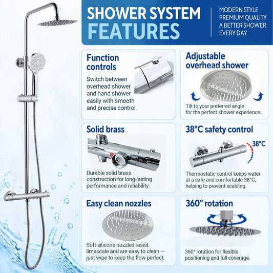 Thermostat Shower System With Round Mixer Set and Rainfall Shower Head 