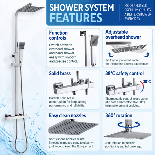 Thermostat Shower System With Square Mixer Set and Rainfall Shower Head 