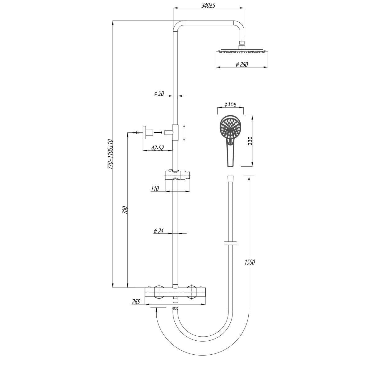  Thermostat Shower System With Round Mixer Set and Rainfall Shower Head