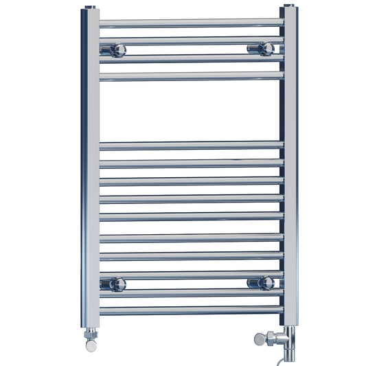 Dual Fuel 500 x 750mm High Flat Chrome Heated Towel Rail Radiator Stock Clearance - (incl. Valves + Electric Heating Kit) 