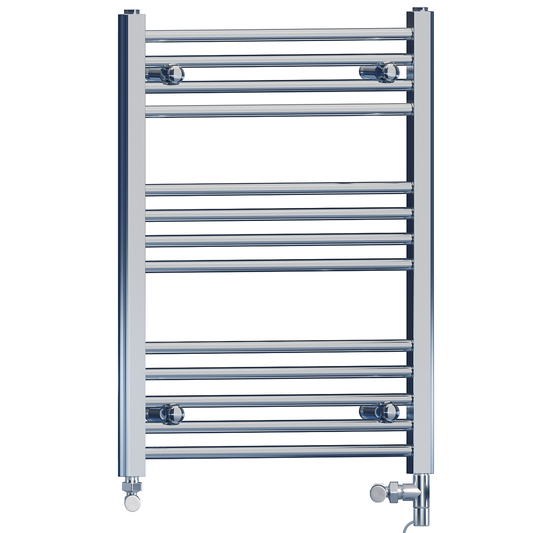 Dual Fuel 600 x 700mm High Flat Chrome Heated Towel Rail Radiator Stock Clearance - (incl. Valves + Electric Heating Kit) 