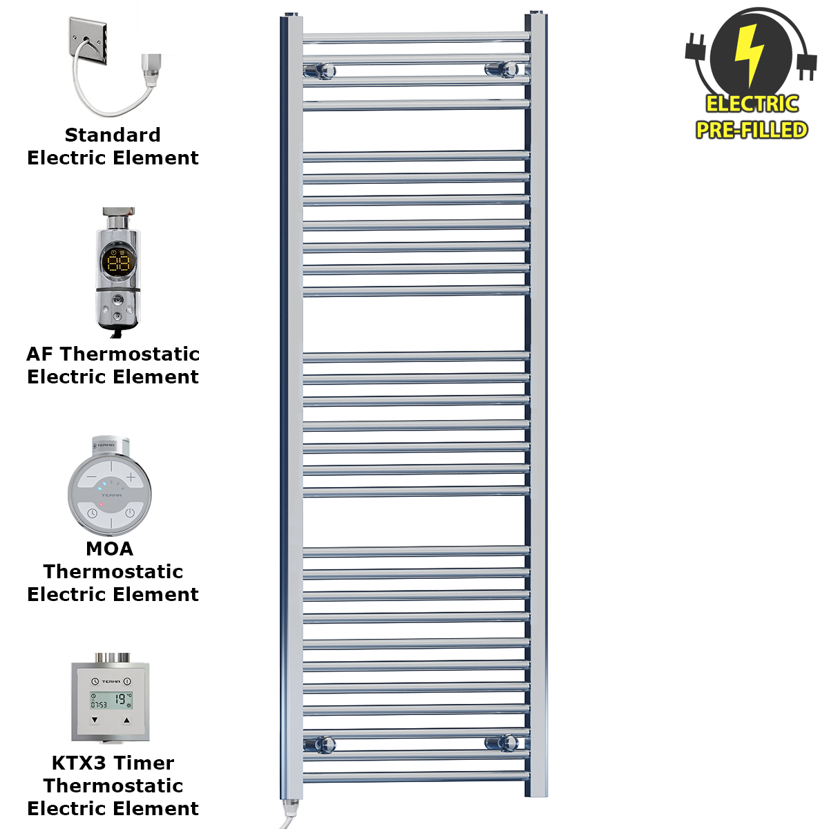  500mm Wide - 1500mm High Flat Chrome Electric Heated Towel Rail Radiator Stock Clearance