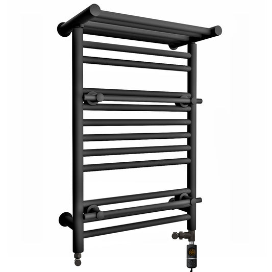 Radiateur sèche-serviettes design bi-énergie 490 x 680 mm, noir mat, avec étagère supérieure (robinets et kit de chauffage électrique inclus) 