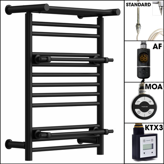 490mm Wide Black Electric Towel Rail Radiator Top Shelf & Two Towel Holder OSLO For Bathroom & Kitchen