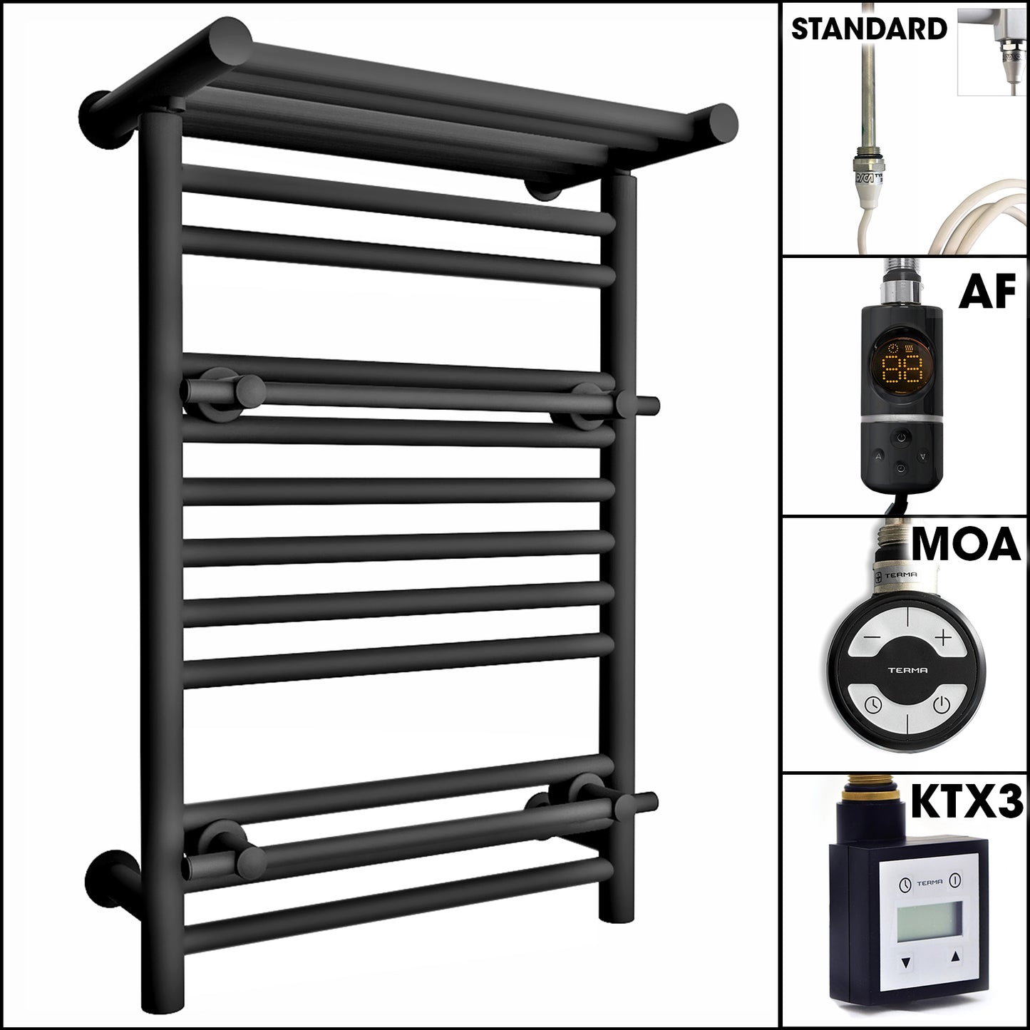  490mm Wide Black Electric Towel Rail Radiator Top Shelf & Two Towel Holder OSLO For Bathroom & Kitchen