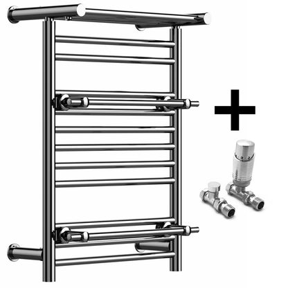  490mm Wide Chrome Heated Towel Rail Radiator Top Shelf & Two Towel Holder OSLO For Bathroom & Kitchen 