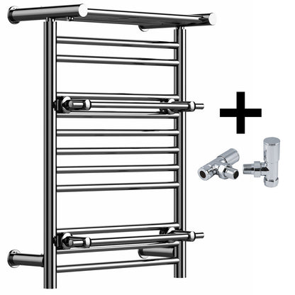  490 mm breiter Handtuchwärmer aus Chrom, obere Ablage und zwei Handtuchhalter, OSLO, für Badezimmer und Küche 