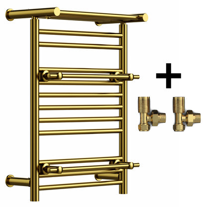  490mm Wide 680mm Height Gold Heated Towel Rail Radiator Top Shelf & Two Towel Holder OSLO For Bathroom & Kitchen 