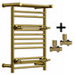 490mm Wide 680mm Height Gold Heated Towel Rail Radiator Top Shelf & Two Towel Holder OSLO For Bathroom & Kitchen