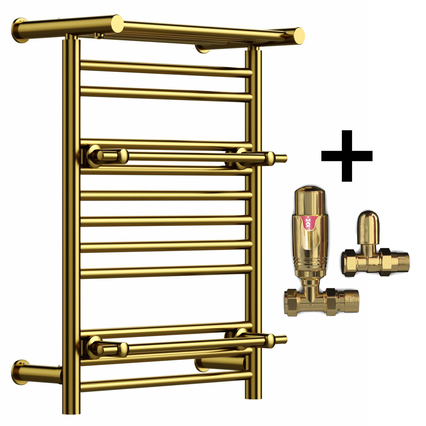 490mm Wide 680mm Height Gold Heated Towel Rail Radiator Top Shelf & Two Towel Holder OSLO For Bathroom & Kitchen