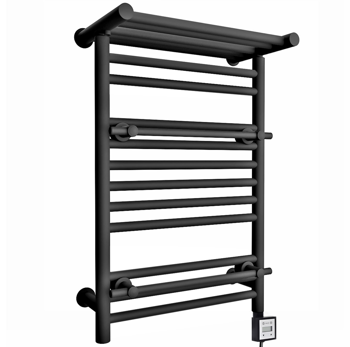  490mm Wide Black Electric Towel Rail Radiator Top Shelf & Two Towel Holder OSLO For Bathroom & Kitchen