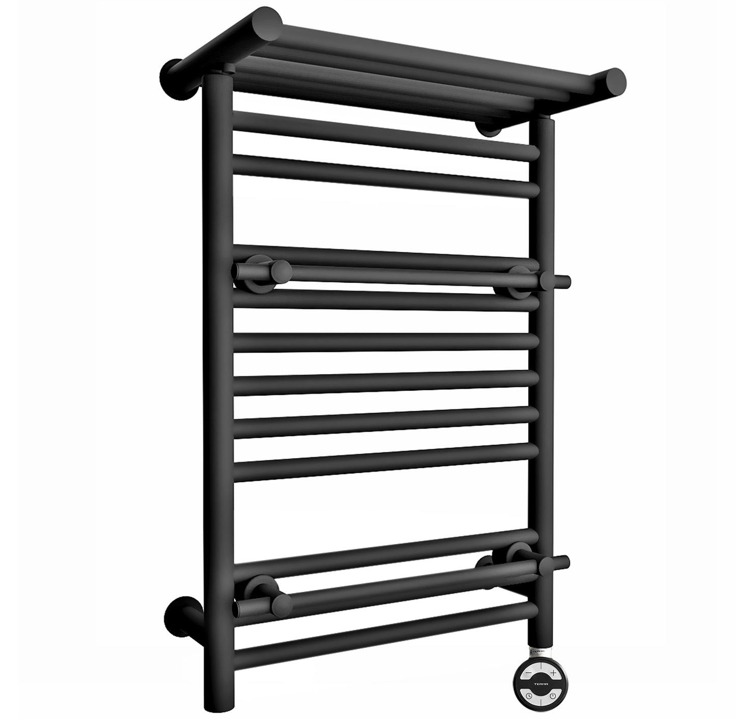  490mm Wide Black Electric Towel Rail Radiator Top Shelf & Two Towel Holder OSLO For Bathroom & Kitchen