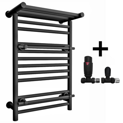  490mm Wide Black Heated Towel Rail Radiator Top Shelf & Two Towel Holder OSLO For Bathroom & Kitchen 
