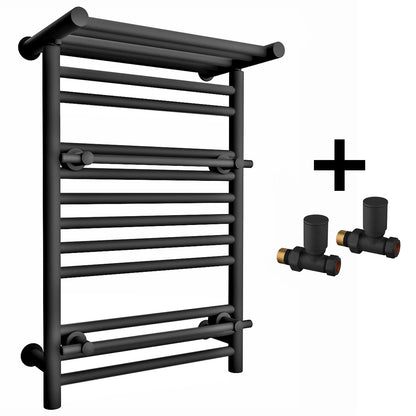  490mm Wide Black Heated Towel Rail Radiator Top Shelf & Two Towel Holder OSLO For Bathroom & Kitchen 