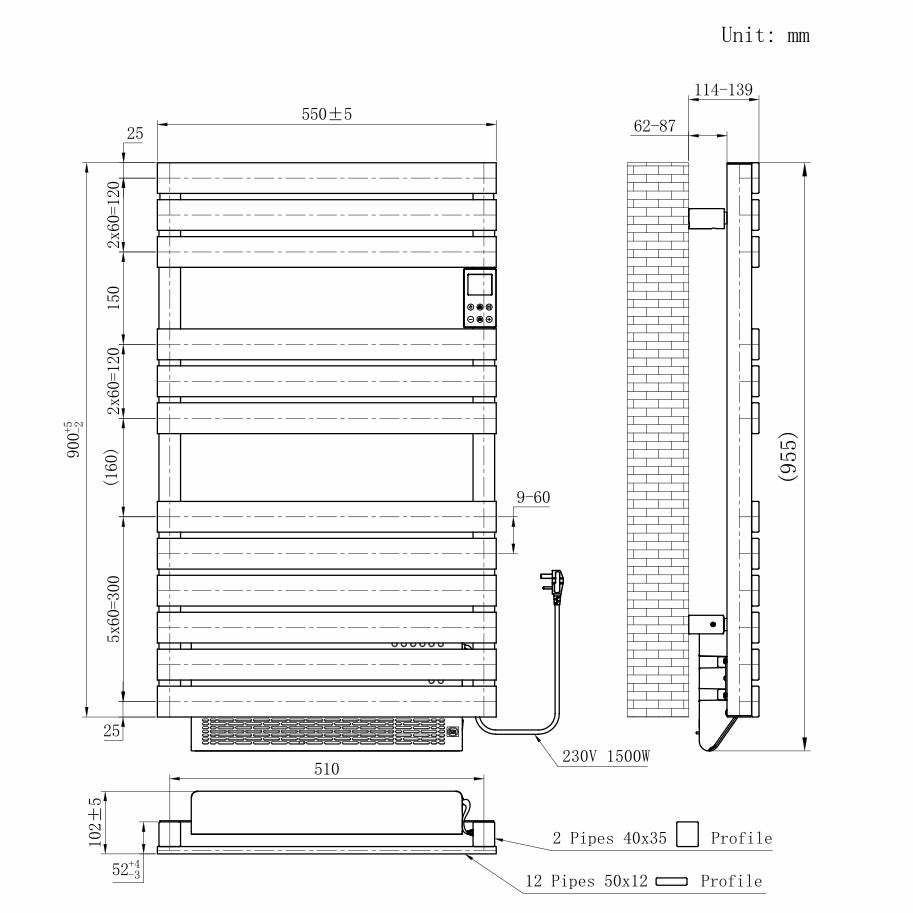  550 x 900mm Black Dry Heating Electric Towel Rail Radiator - Turbo Fan Assisted 1500W - Programmable Timer
