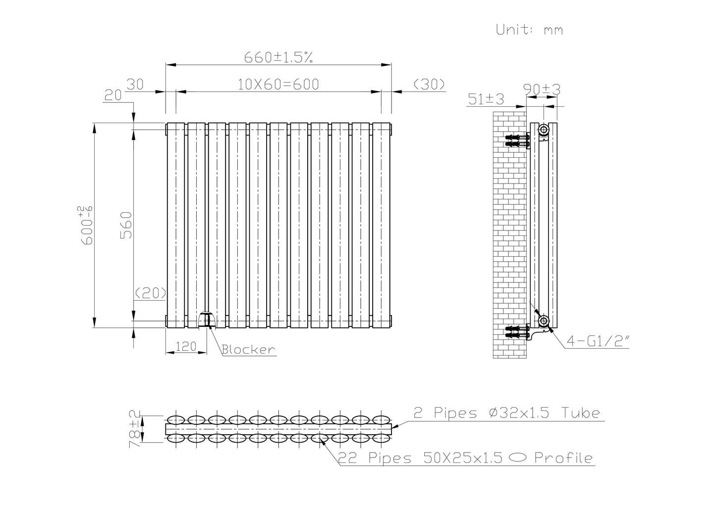  660mm x 600mm White Designer Horizontal Double Column Radiator, 2851 BTU