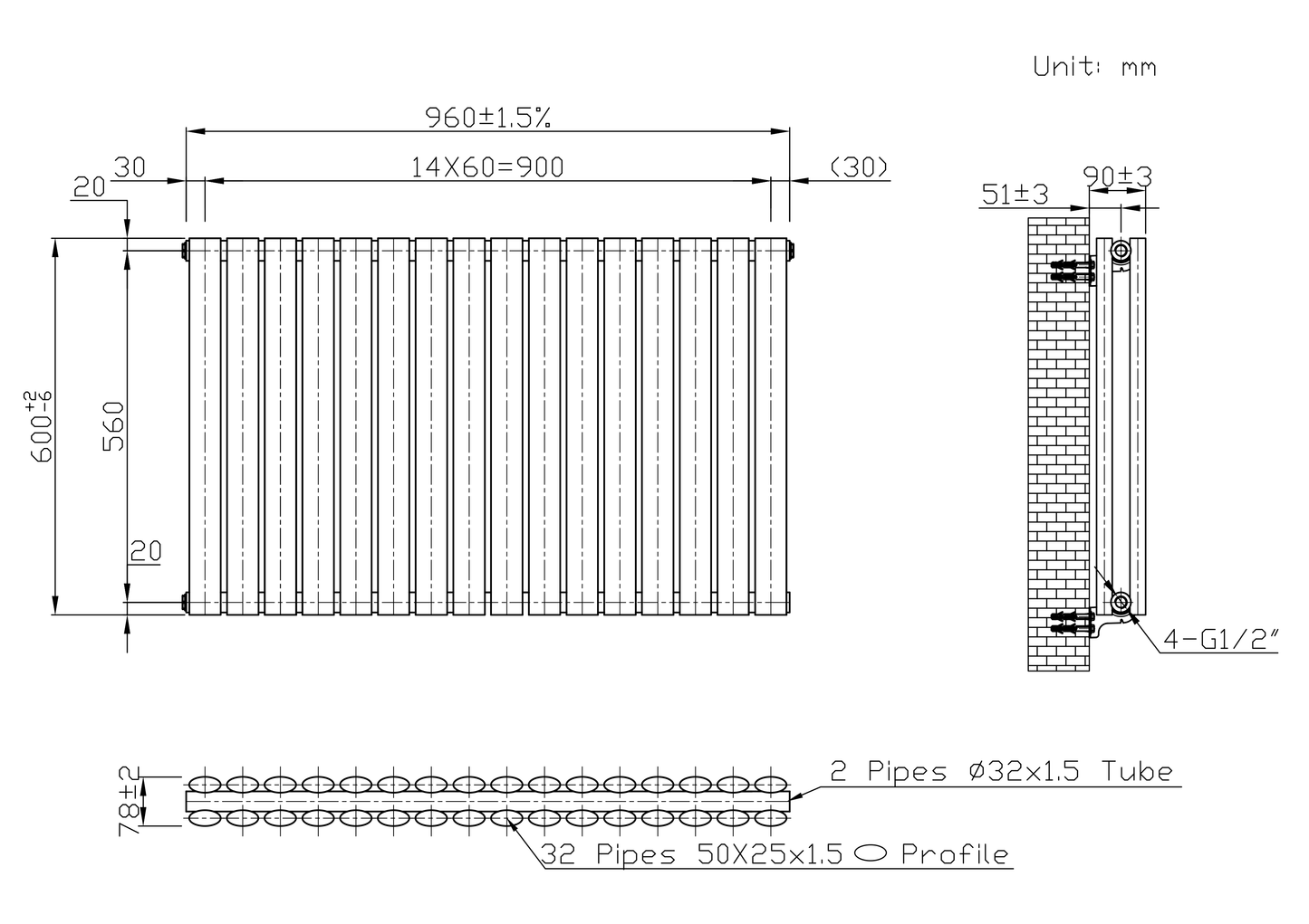 960mm x 600mm White Designer Horizontal Double Column Radiator, 4147 BTU