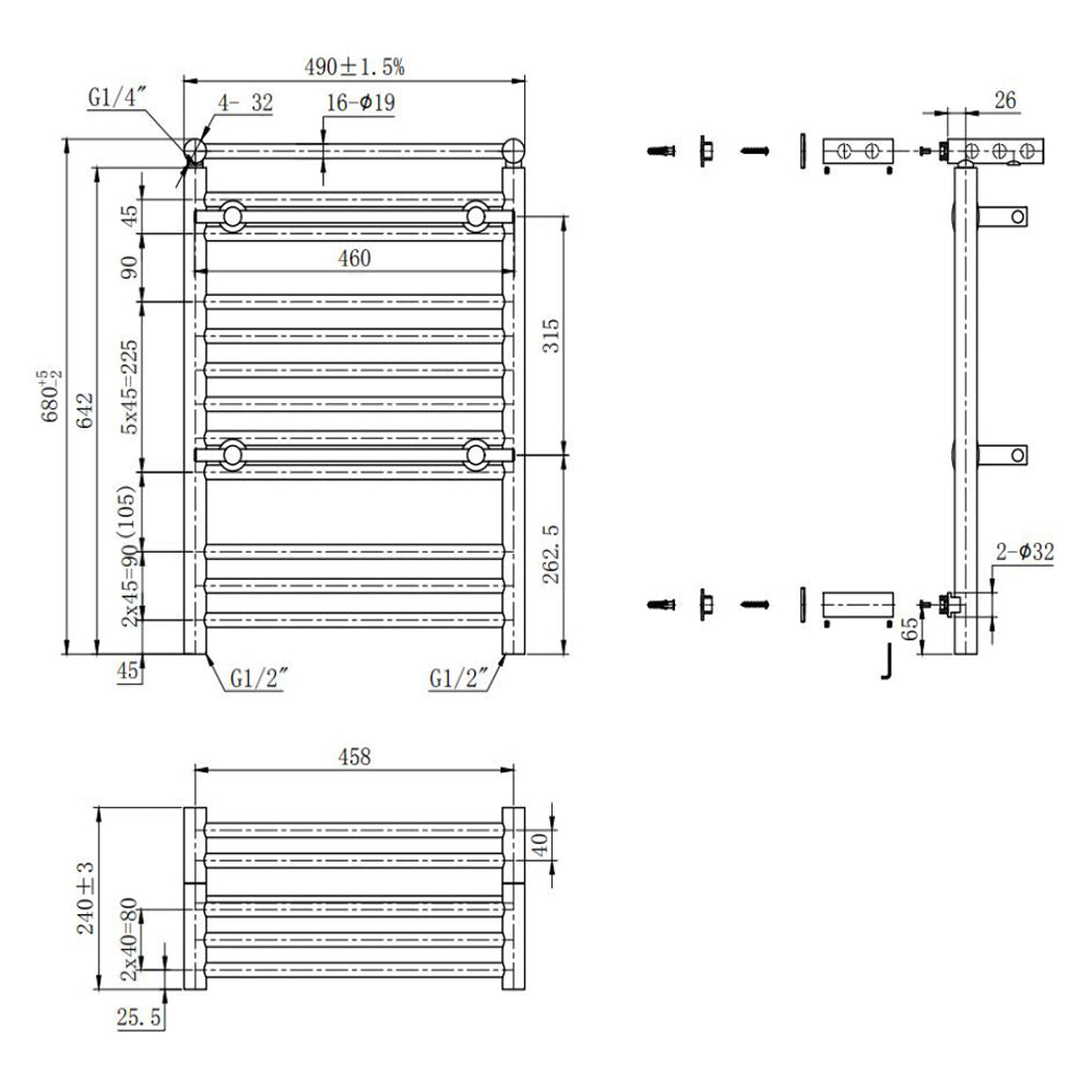  490mm Wide 680mm  High Gold Electric Towel Rail Radiator Top Shelf & Two Towel Holder OSLO For Bathroom & Kitchen