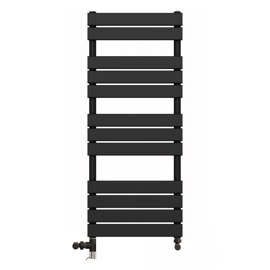 Dual Fuel 550 x 1200mm Flat Panel Black Heated Towel Rail Radiator - (incl. Valves + Electric Heating Kit) 
