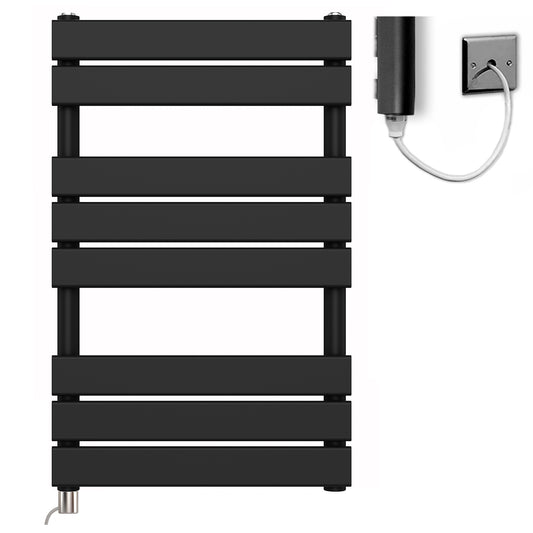 500 x 800mm Black Electric Heated Towel Rail Radiator – Flat Panel Designer 374W Pre Filled UK 