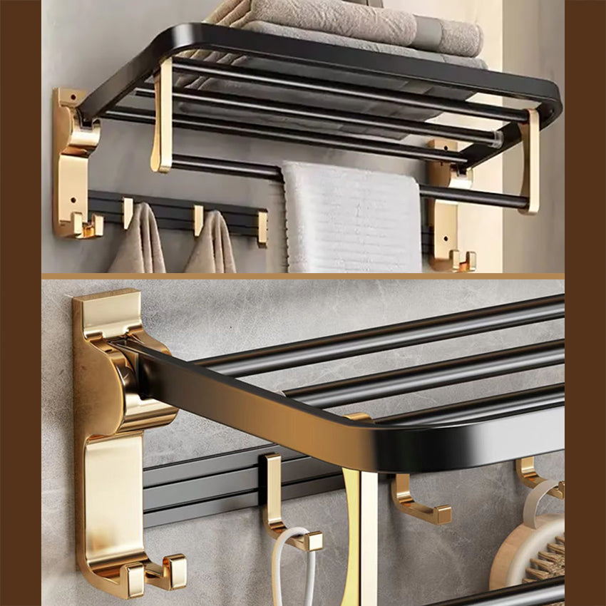 Gold Towel Rail Holder Luxury Wall Mounted Rack Shelf For Bathroom Adjustable Hooks
