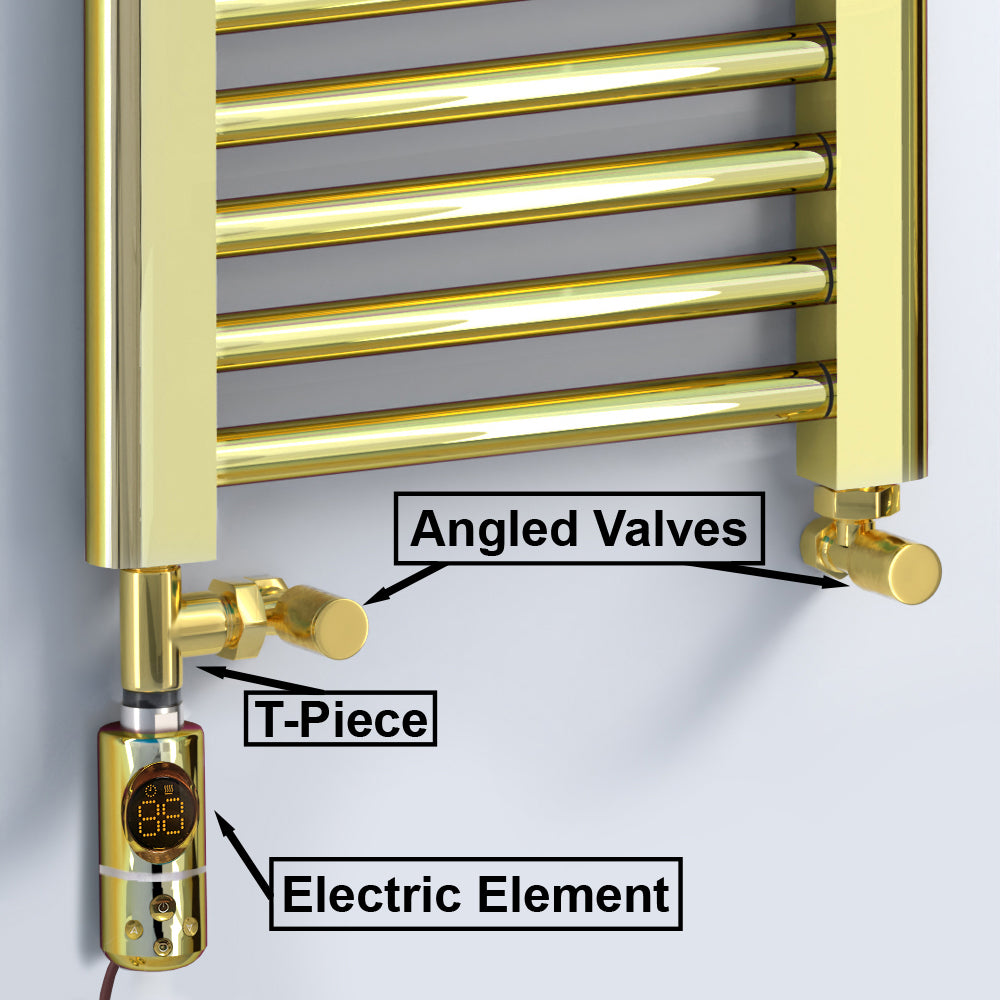  Dual Fuel 550 x 1200mm Shiny Gold Heated Towel Rail Radiator- (incl. Valves + Electric Heating Kit)
