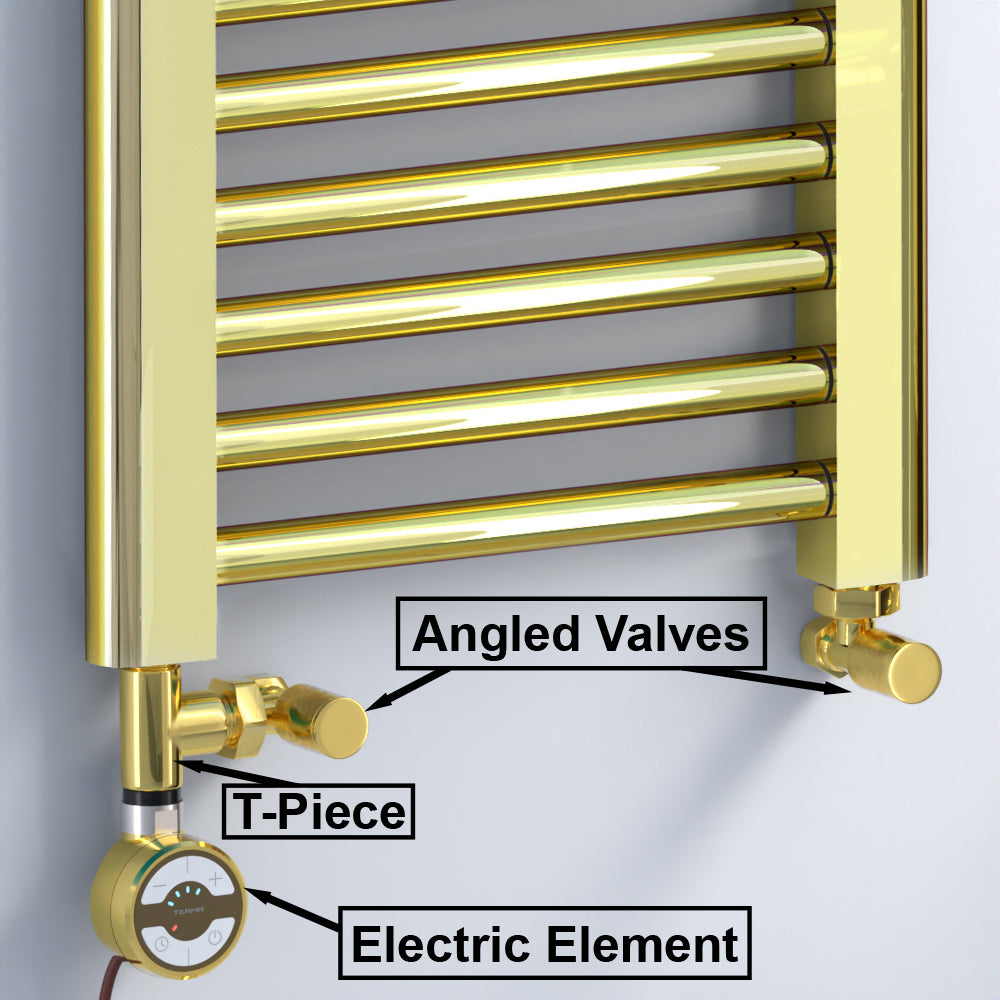Dual Fuel 300 x 600mm Shiny Gold Heated Towel Rail Radiator- (incl. Valves + Electric Heating Kit)