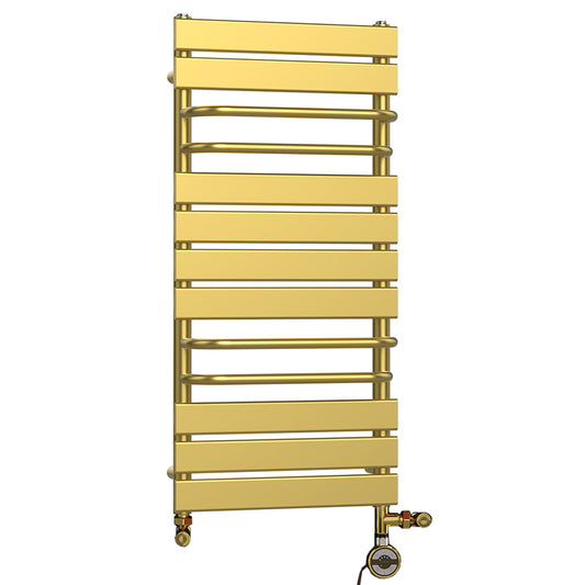 Dual Fuel -500 x 1000mm  Straight Gold Panel Heated Towel Rail With Towel Holders - (incl. Valves + Electric Heating Kit)