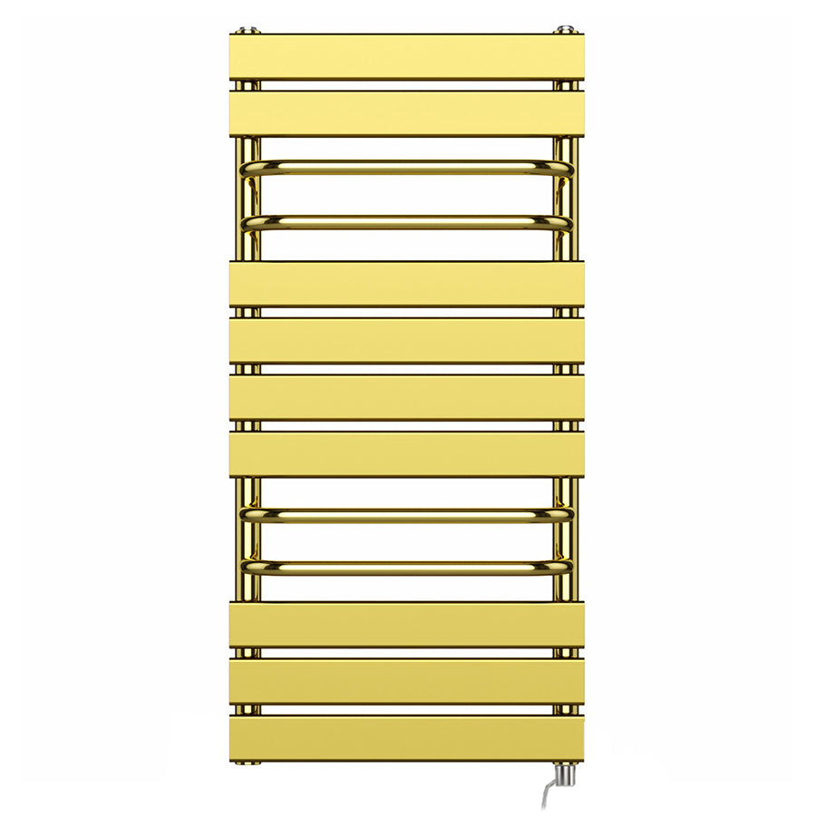 500mm Wide - 1000mm High Designer Shiny Gold Electric Heated Towel Rail Radiator With Towel Holders