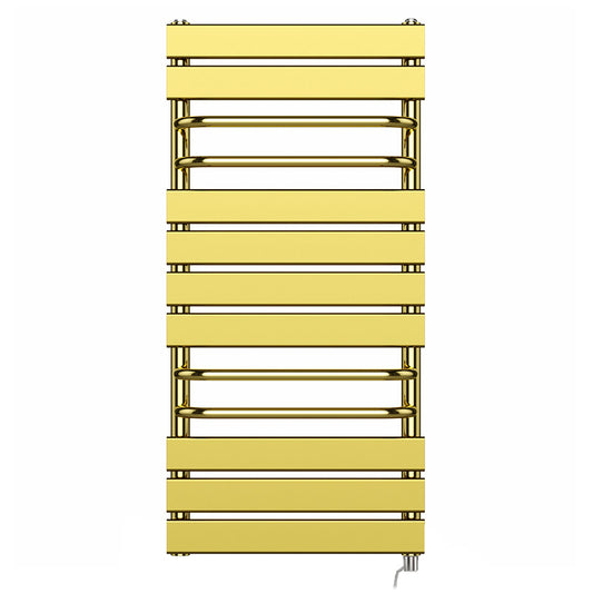 500mm Wide - 1000mm High Designer Shiny Gold Electric Heated Towel Rail Radiator With Towel Holders