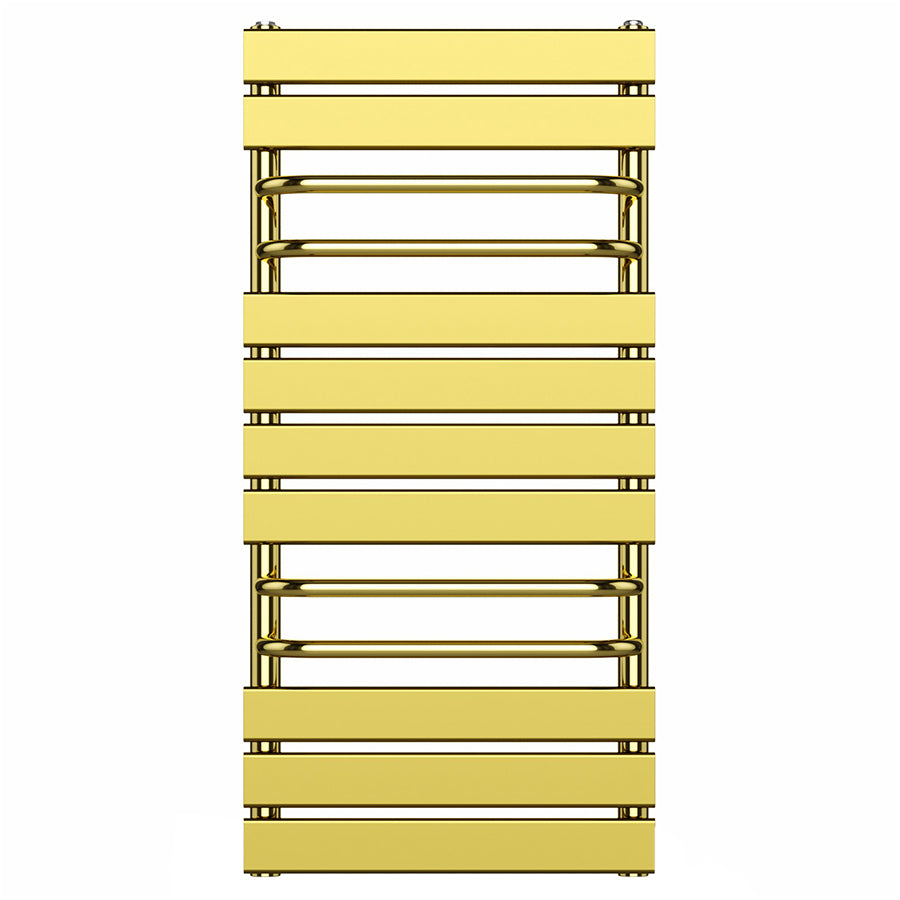 500mm Wide - 1000mm High Designer Shiny Gold Heated Towel Rail Radiator With Towel Holders