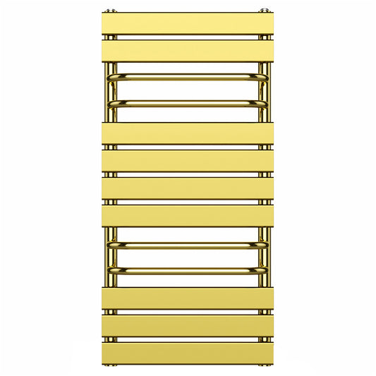 500mm Wide - 1000mm High Designer Shiny Gold Heated Towel Rail Radiator With Towel Holders