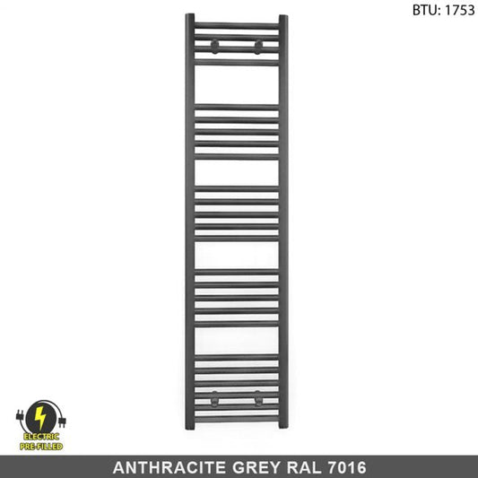 300mm Wide - 1400mm High Anthracite Grey  Electric Heated Towel Rail Radiator