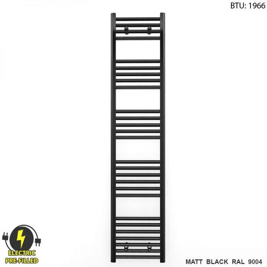 300mm Wide - 1600mm High Flat Black Electric Heated Towel Rail Radiator