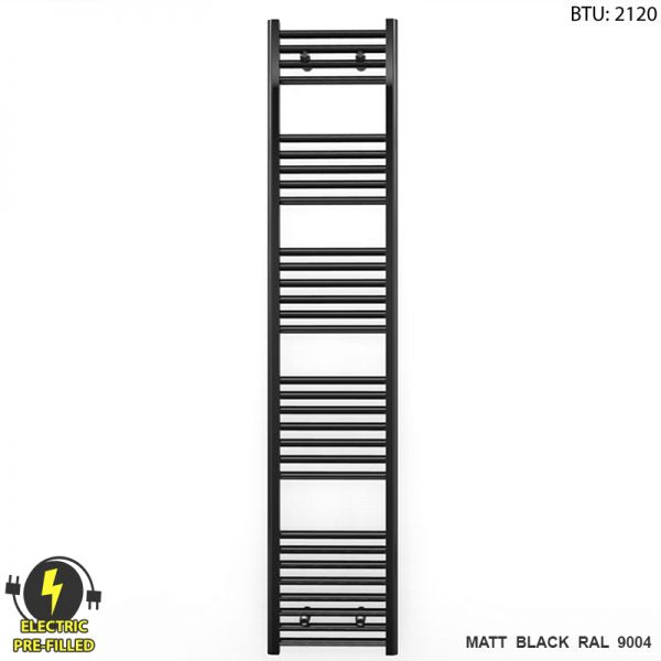 300mm Wide - 1700mm High Flat Black Electric Heated Towel Rail Radiator