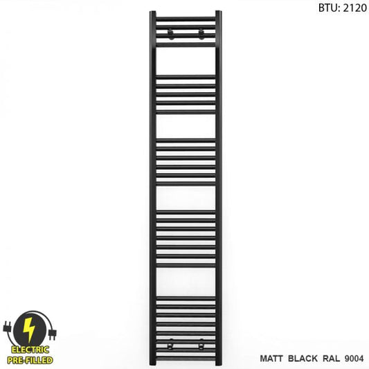 300mm Wide - 1700mm High Flat Black Electric Heated Towel Rail Radiator