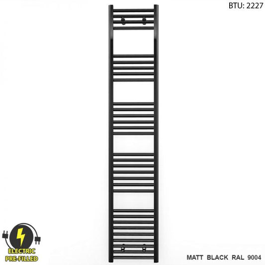 300mm Wide - 1800mm High Flat Black Electric Heated Towel Rail Radiator