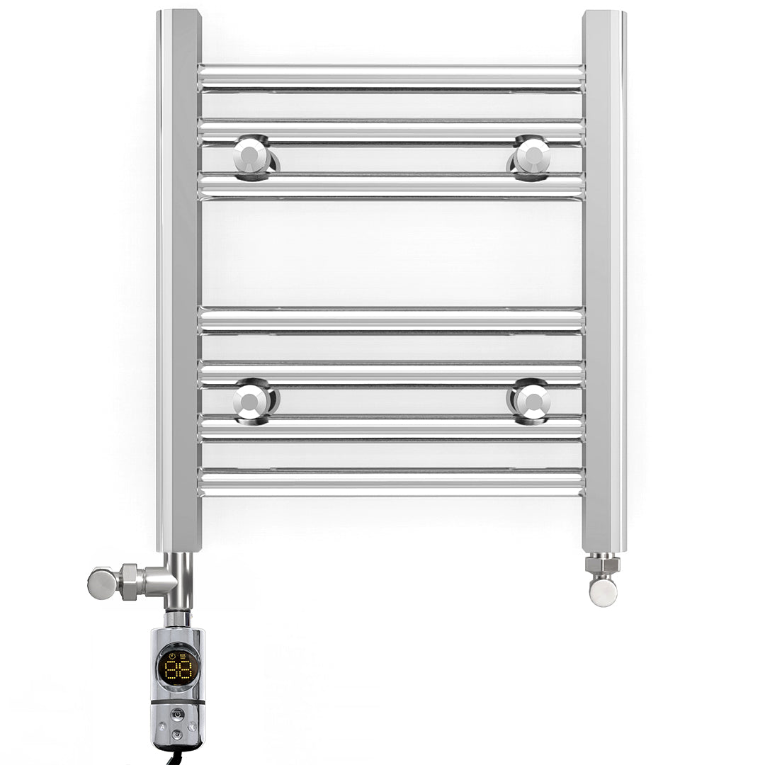  Dual Fuel 400 x 400mm Straight Chrome  Heated Towel Rail Radiator- (incl. Valves + Electric Heating Kit)