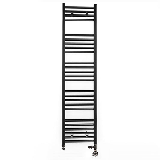 Dual Fuel 450 x 1400mm Straight Matt Black Heated Towel Rail - (incl. Valves + Electric Heating Kit) 