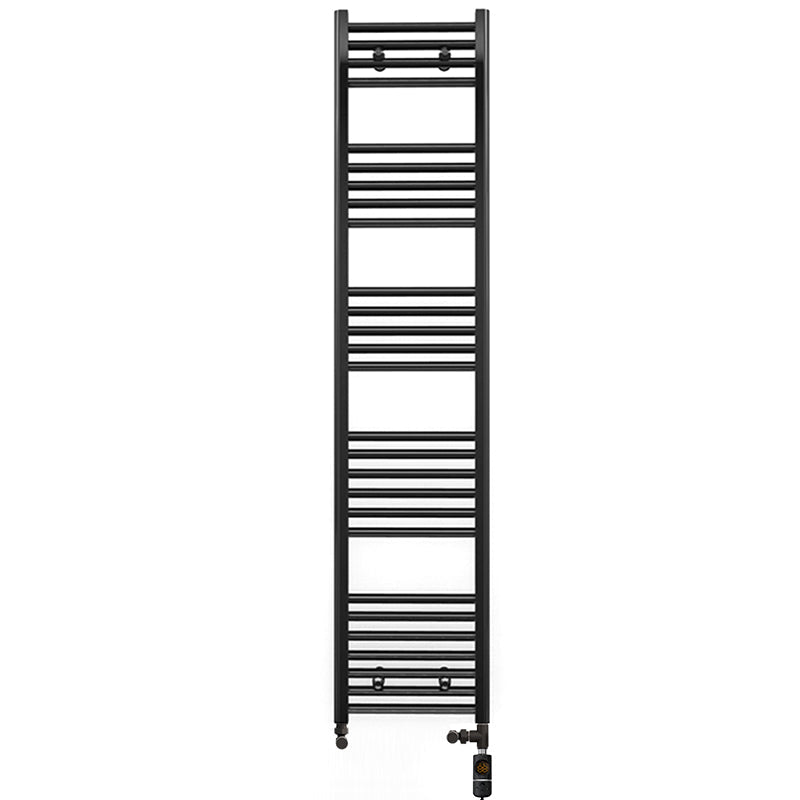  Dual Fuel 400 x 1600mm Straight Matt Black Heated Towel Rail - (incl. Valves + Electric Heating Kit)