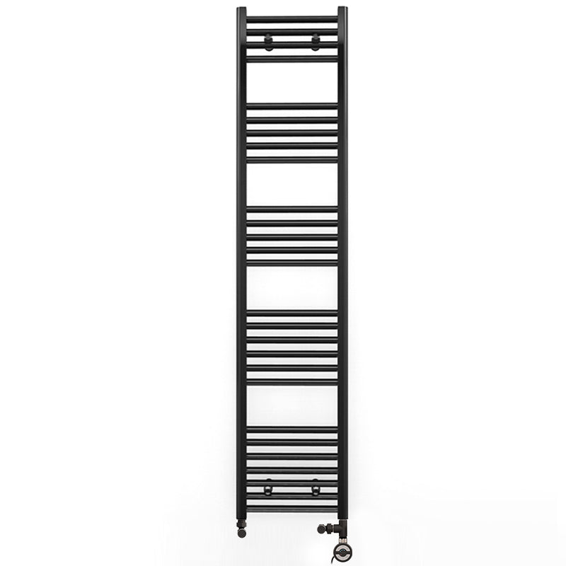 Dual Fuel 350 x 1600mm Straight Matt Black Heated Towel Rail - (incl. Valves + Electric Heating Kit)